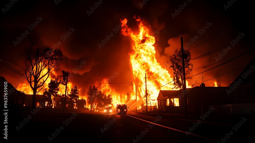 A nighttime fire engulfing a row of houses, with firefighters battling multiple blazes at once A nighttime fire engulfing a row of houses, with firefighters battling multiple blazes at once