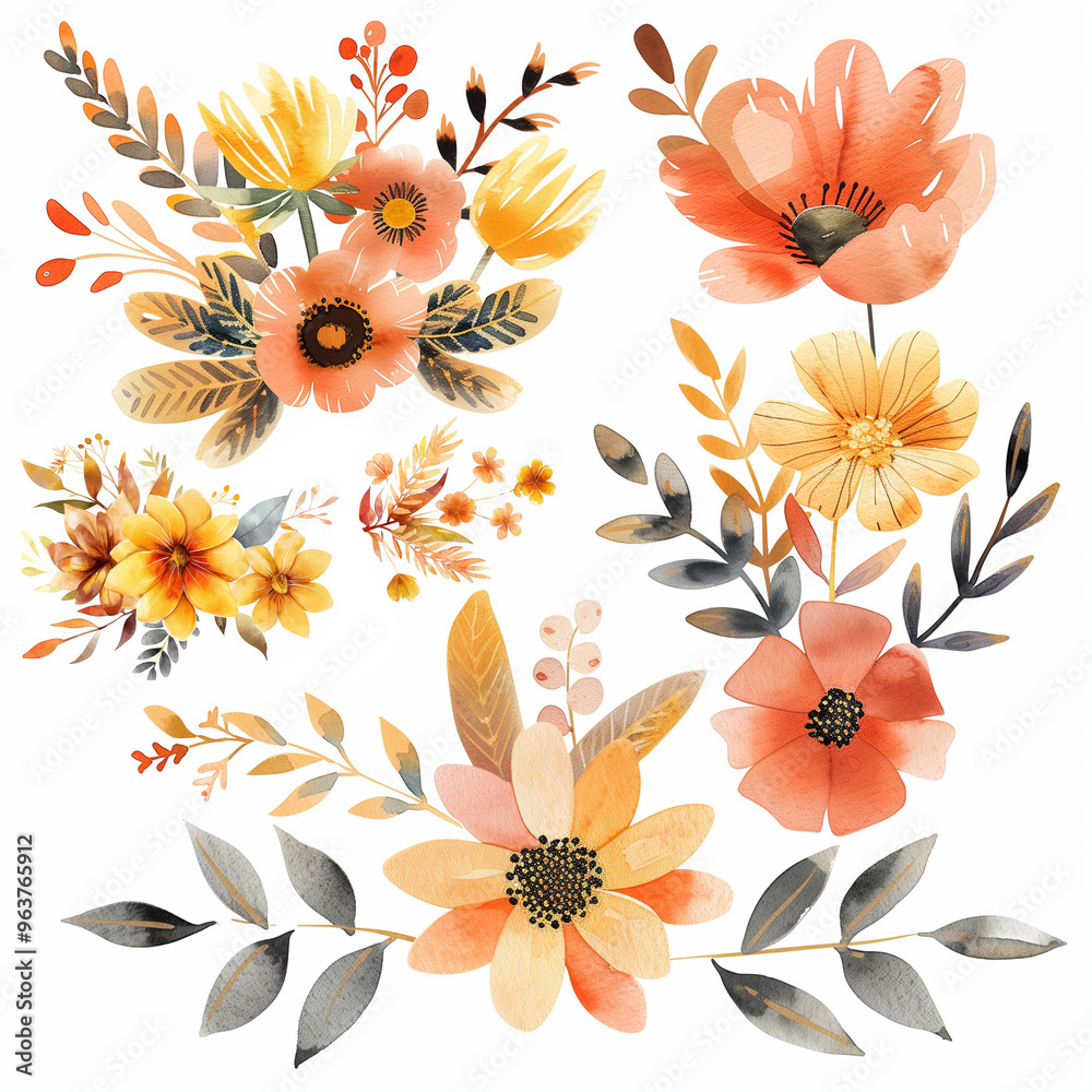 Obraz premium 花、葉、植物の水彩イラストGenerative AI 