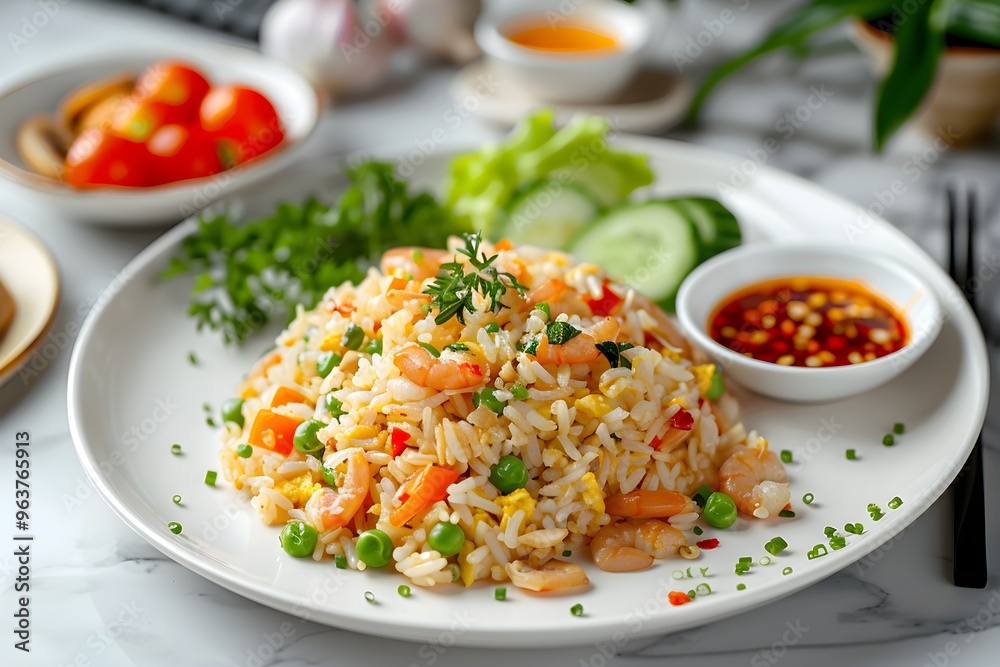 A white plate topped with rice and vegetables A white plate topped with rice and vegetables