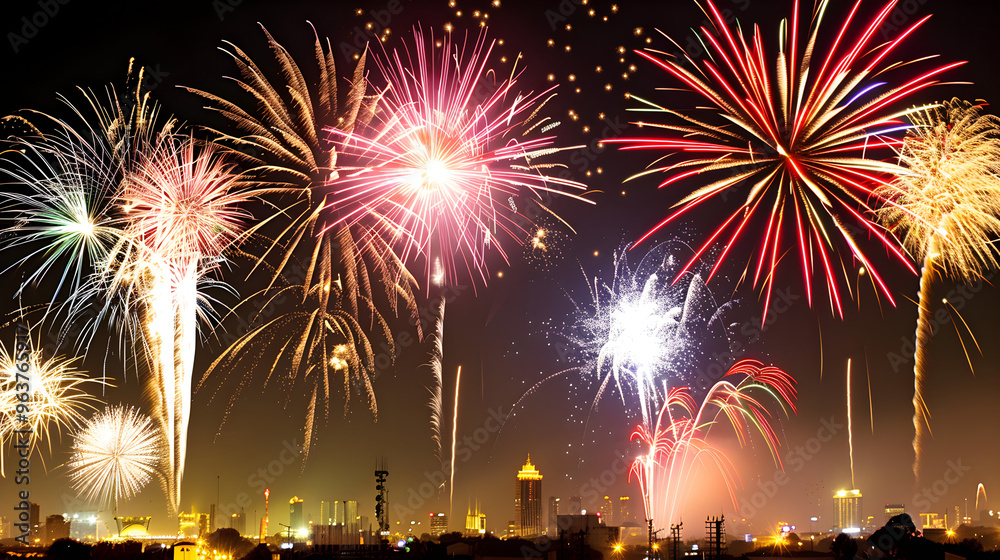 Vibrant fireworks illuminate the night sky, creating a dazzling display above the urban cityscape. Vibrant fireworks illuminate the night sky, creating a dazzling display above the urban cityscape.