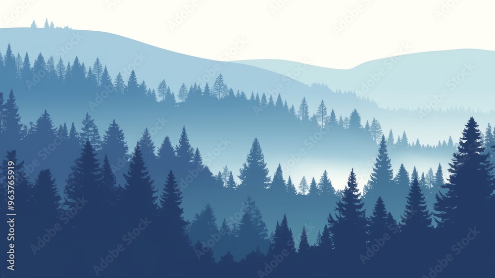 Fototapeta premium Pine Forest Silhouettes with a Gradient from Light Gray to Dark Blue