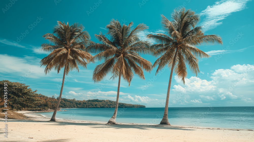 Tropical sea beach scene with clear turquoise water, white sandy shore and palm trees under a bright blue sky on a sunny day Tropical sea beach scene with clear turquoise water, white sandy shore and palm trees under a bright blue sky on a sunny day