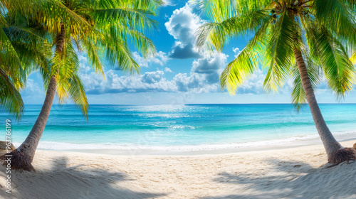Fototapeta Naklejka Na Ścianę i Meble -  Tropical sea beach scene with clear turquoise water, white sandy shore and palm trees under a bright blue sky on a sunny day