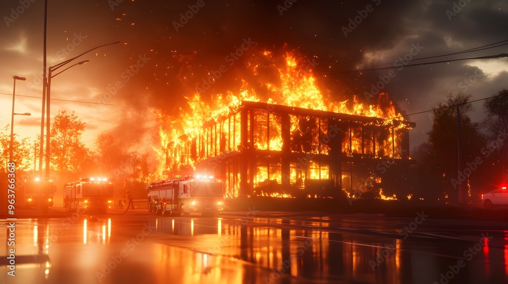 A sleek modern home ablaze at night, fire trucks arriving with sirens flashing, capturing the chaos and urgency, Realistic, Night-time, High detail, HDR--style raw A sleek modern home ablaze at night, fire trucks arriving with sirens flashing, capturing the chaos and urgency, Realistic, Night-time, High detail, HDR--style raw