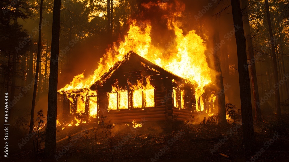 A small cabin in the woods consumed by fire at night, with firefighters struggling to contain the blaze A small cabin in the woods consumed by fire at night, with firefighters struggling to contain the blaze