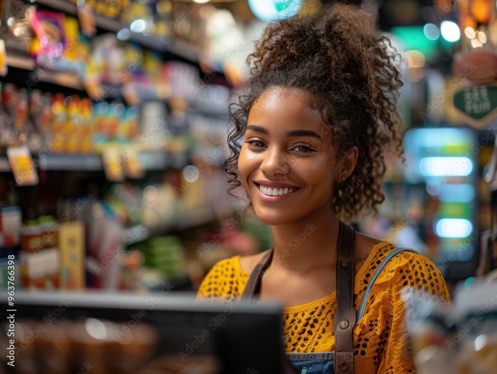 A friendly young supermarket employee smiles at the checkout counter. She is wearing an apron, creating a welcoming atmosphere in the grocery store. A friendly young supermarket employee smiles at the checkout counter. She is wearing an apron, creating a welcoming atmosphere in the grocery store.