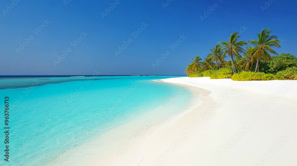 Fototapeta premium Tropical sea beach scene with clear turquoise water, white sandy shore and palm trees under a bright blue sky on a sunny day
