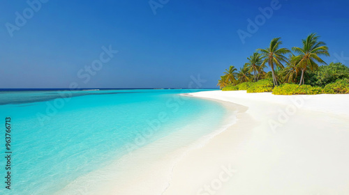 Tropical sea beach scene with clear turquoise water, white sandy shore and palm trees under a bright blue sky on a sunny day