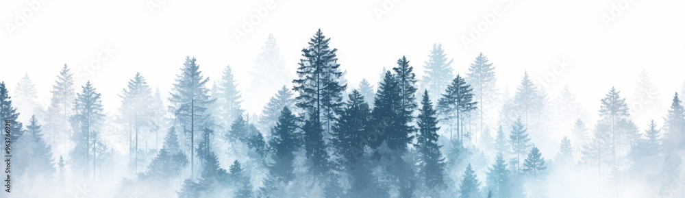 Forest Silhouette with Pine Trees and Misty Hills in Blue and Gray Shades Forest Silhouette with Pine Trees and Misty Hills in Blue and Gray Shades