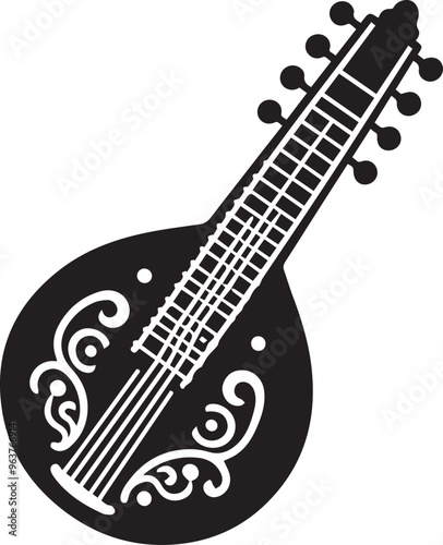 mandolin silhouette vector Black and white, Beautiful mandolin musical instrument, mandolin icon,