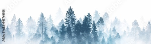 Forest Silhouette with Pine Trees and Misty Hills in Blue and Gray Shades 