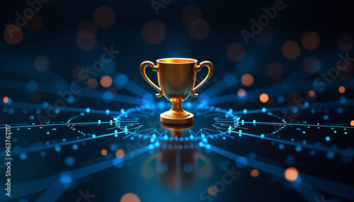 Trophy Icon with Network Connectivity: A trophy icon embedded in a digital network, symbolizing achievement and success in a connected technological environment.