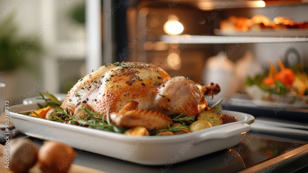 Fototapeta premium A rustic oven bakes a golden-brown roasted turkey with crispy skin and root vegetables.