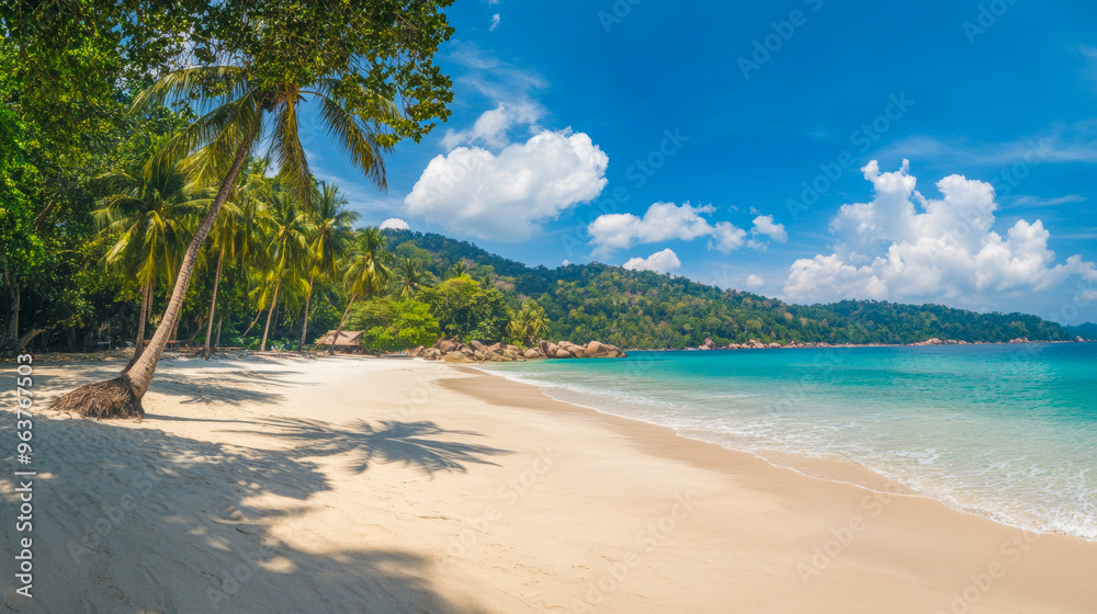 Tropical sea beach scene with clear turquoise water, white sandy shore and palm trees under a bright blue sky on a sunny day Tropical sea beach scene with clear turquoise water, white sandy shore and palm trees under a bright blue sky on a sunny day