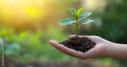 Hand Holding a Green Plant Symbolizing Tree Planting and Environmental Protection on Blurred Background, Emphasizing Sustainable Development and Nature Growth, with Copy Space