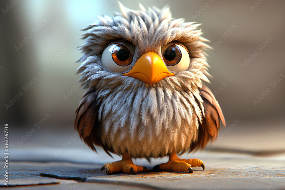 Naklejka premium A cute, fluffy, cartoon bird with big eyes and a grumpy expression.