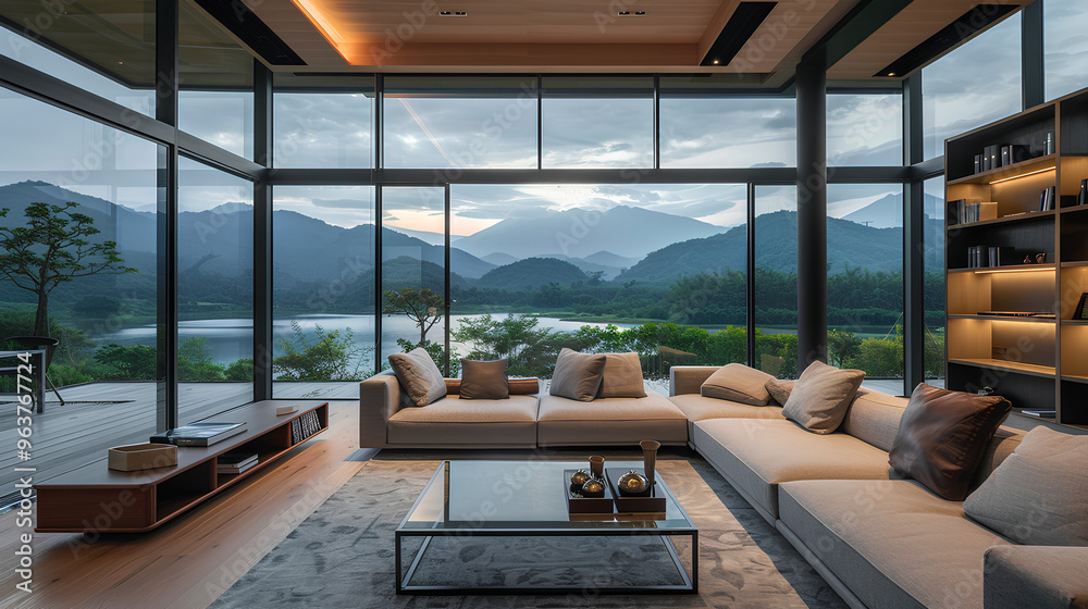 luxurious modern style living room with floor-to-ceiling windows and beautiful scenery outside the window of Liark Mountain in Chinese mountains luxurious modern style living room with floor-to-ceiling windows and beautiful scenery outside the window of Liark Mountain in Chinese mountains