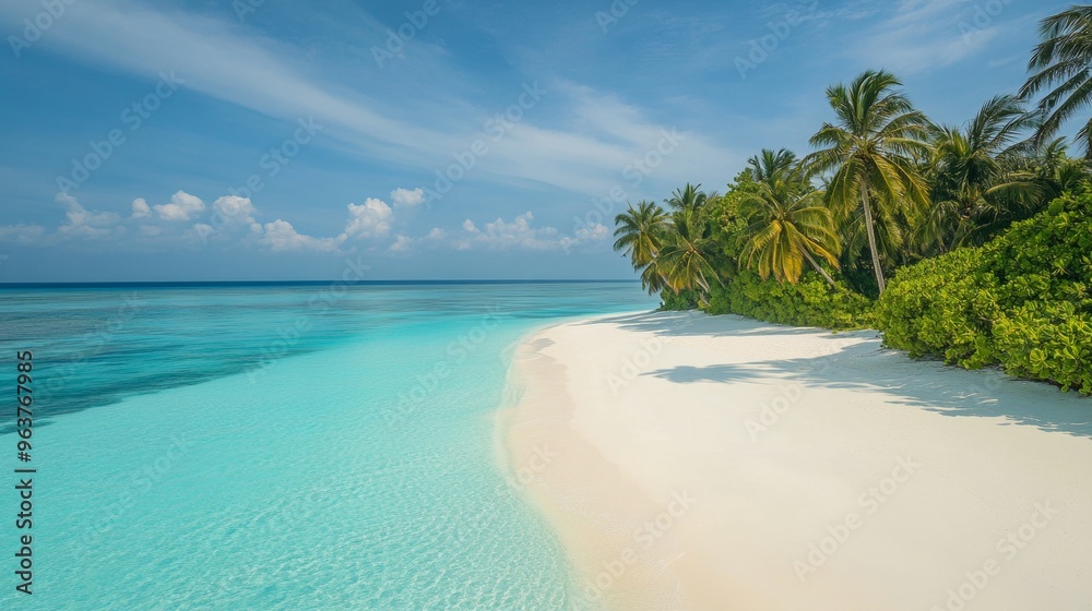 Tropical sea beach scene with clear turquoise water, white sandy shore and palm trees under a bright blue sky on a sunny day Tropical sea beach scene with clear turquoise water, white sandy shore and palm trees under a bright blue sky on a sunny day