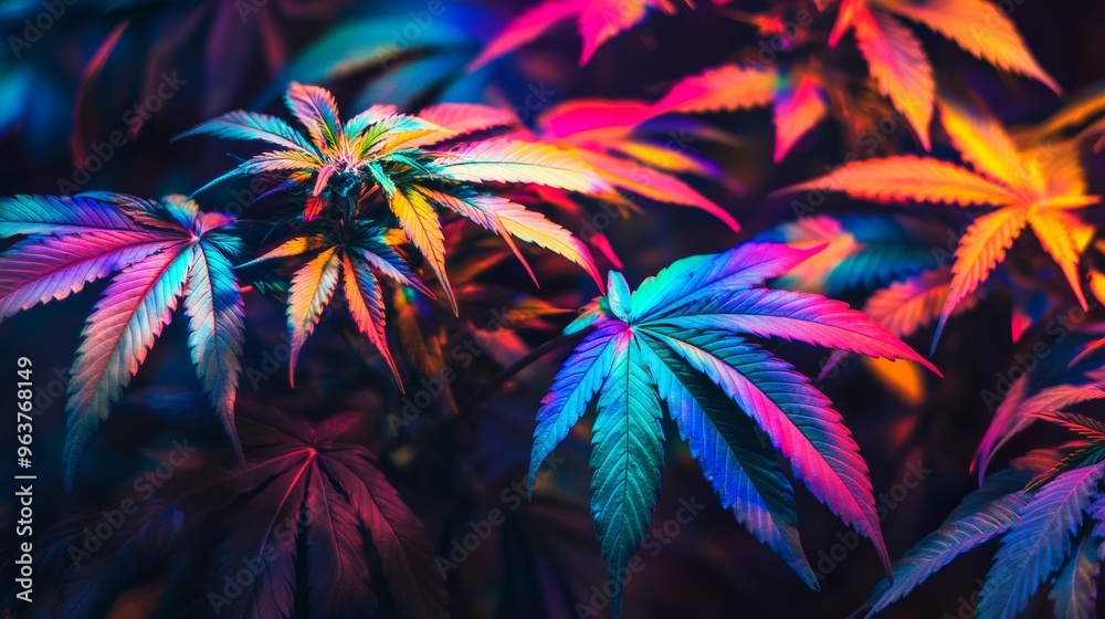 Colorful cannabis leaves with neon lighting Colorful cannabis leaves with neon lighting