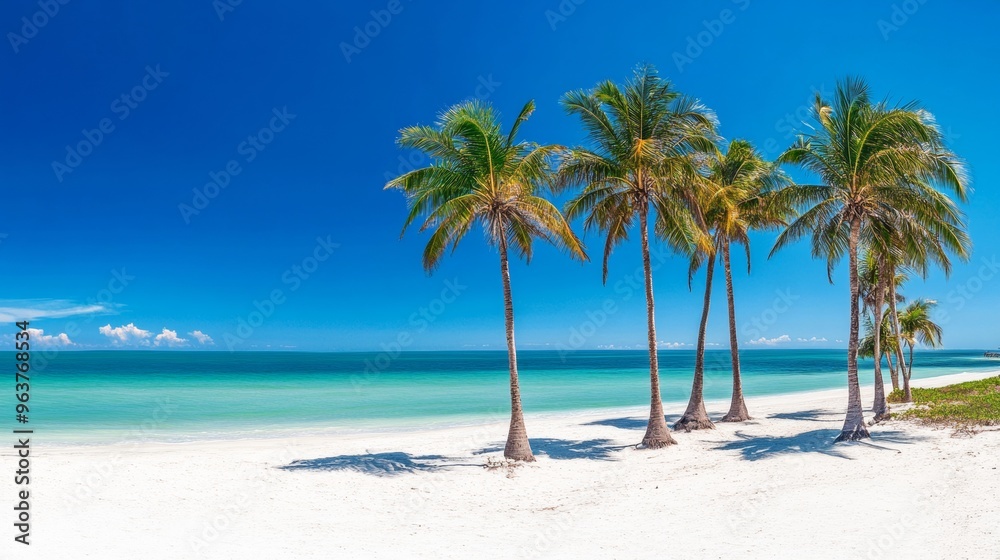 Tropical sea beach scene with clear turquoise water, white sandy shore and palm trees under a bright blue sky on a sunny day Tropical sea beach scene with clear turquoise water, white sandy shore and palm trees under a bright blue sky on a sunny day
