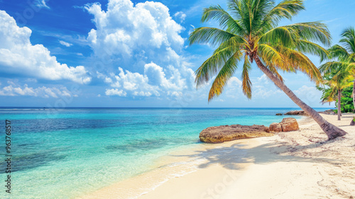 Fototapeta Naklejka Na Ścianę i Meble -  Tropical sea beach scene with clear turquoise water, white sandy shore and palm trees under a bright blue sky on a sunny day