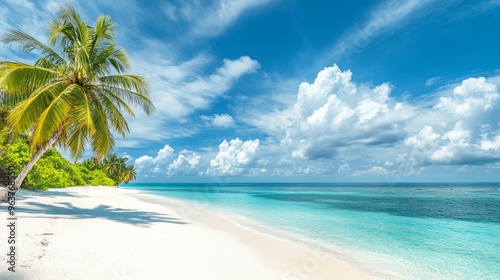 Tropical sea beach scene with clear turquoise water, white sandy shore and palm trees under a bright blue sky on a sunny day