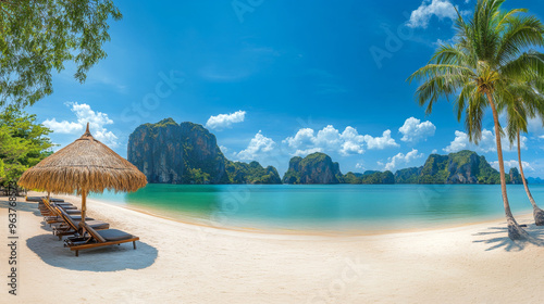 Fototapeta Naklejka Na Ścianę i Meble -  Tropical sea beach scene with clear turquoise water, white sandy shore and palm trees under a bright blue sky on a sunny day