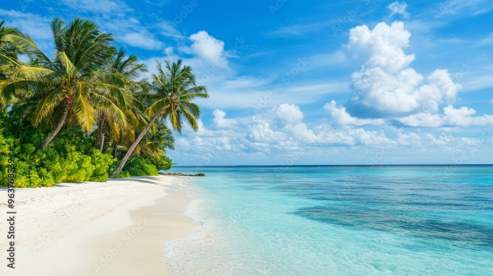 Tropical sea beach scene with clear turquoise water, white sandy shore and palm trees under a bright blue sky on a sunny day Tropical sea beach scene with clear turquoise water, white sandy shore and palm trees under a bright blue sky on a sunny day