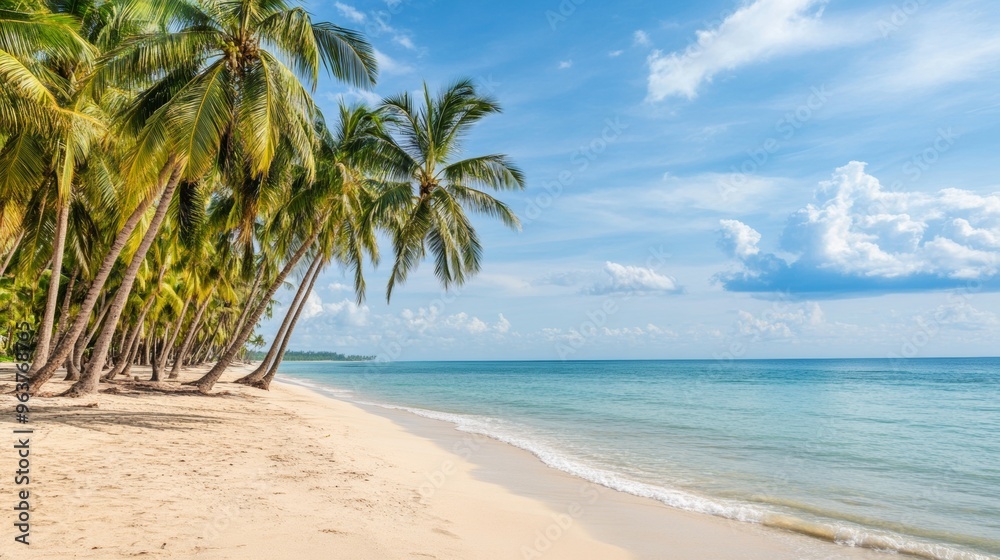Tropical sea beach scene with clear turquoise water, white sandy shore and palm trees under a bright blue sky on a sunny day Tropical sea beach scene with clear turquoise water, white sandy shore and palm trees under a bright blue sky on a sunny day