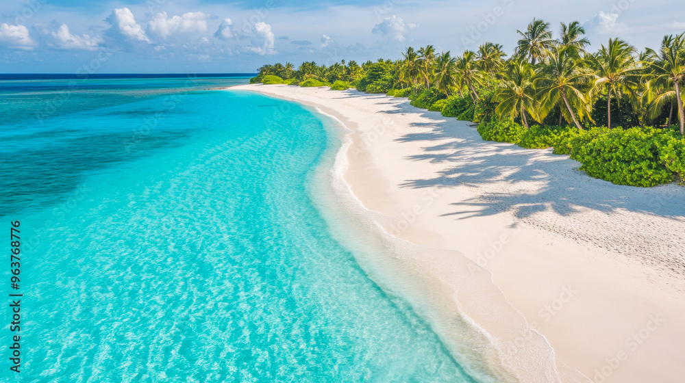 Tropical sea beach scene with clear turquoise water, white sandy shore and palm trees under a bright blue sky on a sunny day Tropical sea beach scene with clear turquoise water, white sandy shore and palm trees under a bright blue sky on a sunny day