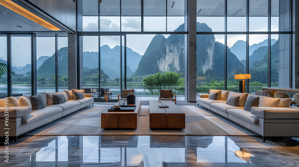 Fototapeta premium luxurious modern style living room with floor-to-ceiling windows and beautiful scenery outside the window of Liark Mountain in Chinese mountains