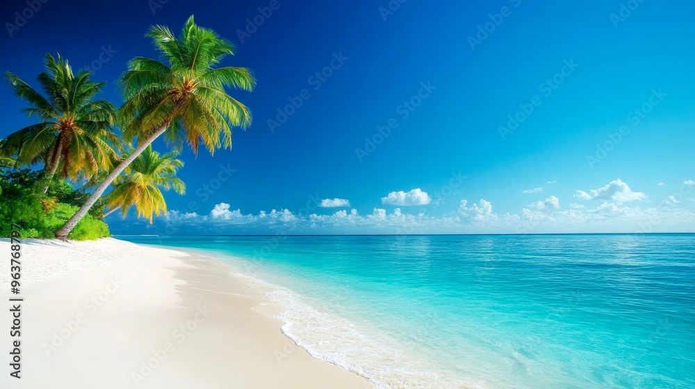 Tropical sea beach scene with clear turquoise water, white sandy shore and palm trees under a bright blue sky on a sunny day Tropical sea beach scene with clear turquoise water, white sandy shore and palm trees under a bright blue sky on a sunny day