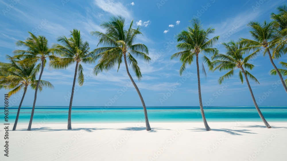 Tropical sea beach scene with clear turquoise water, white sandy shore and palm trees under a bright blue sky on a sunny day Tropical sea beach scene with clear turquoise water, white sandy shore and palm trees under a bright blue sky on a sunny day