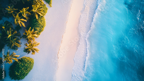 Fototapeta Naklejka Na Ścianę i Meble -  Tropical sea beach scene with clear turquoise water, white sandy shore and palm trees under a bright blue sky on a sunny day