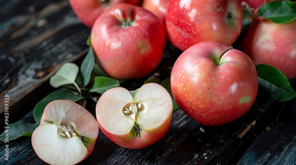 A vibrant and fresh arrangement of rose apples, some halved to expose the white flesh, placed on a dark wooden surface with natural green leaves for contrast A vibrant and fresh arrangement of rose apples, some halved to expose the white flesh, placed on a dark wooden surface with natural green leaves for contrast