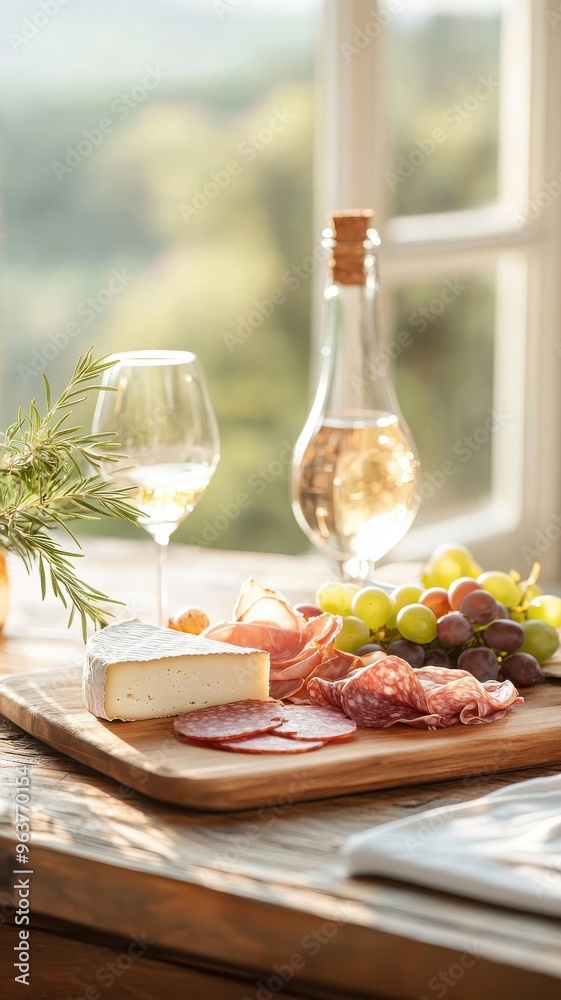 Rustic table setting with charcuterie board, cheeses, grapes, and crackers. Rustic table setting with charcuterie board, cheeses, grapes, and crackers.