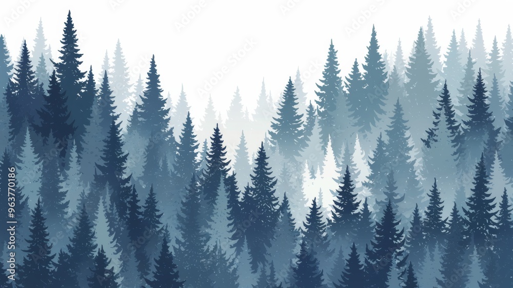 Obraz premium Seamless Pine Forest Pattern with Gradient from Light Gray to Dark Blue on White Background
