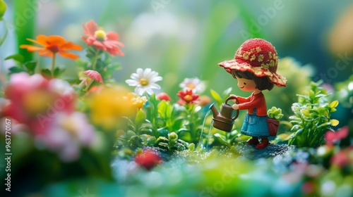 A little girl in a red hat waters a flower garden.