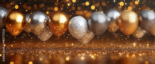 A festive arrangement of shimmering balloons with a sparkling background. photo