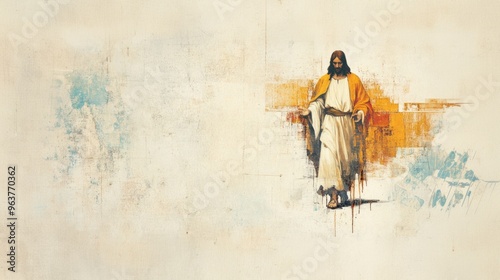 Jesus Christ in front of an old wall with copy space for text. photo