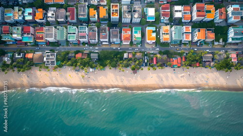 Generic beachfront hotels line a popular tourist destination, creating a uniform and uninspired skyline. photo