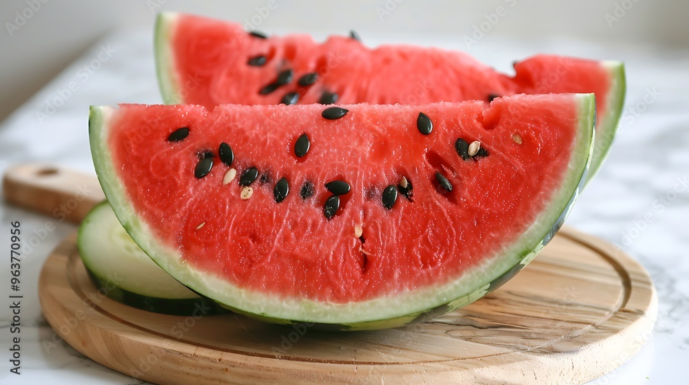 Fresh watermelon slices arranged on a wooden board with bright red flesh and black seeds highlighting the natural beauty and juiciness of the fruit perfect for a healthy summer treat Fresh watermelon slices arranged on a wooden board with bright red flesh and black seeds highlighting the natural beauty and juiciness of the fruit perfect for a healthy summer treat