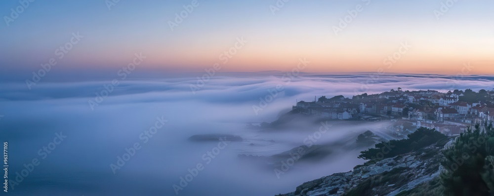 Dense fog covering a coastal town at dawn, foggy weather, quiet and eerie Dense fog covering a coastal town at dawn, foggy weather, quiet and eerie