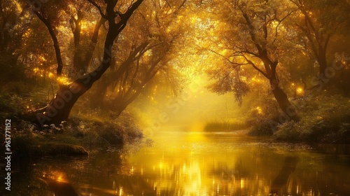 Enchanting forest bathed in warm evening glowtime, soft light reflecting on water, peaceful atmosphere, magical natural beauty with golden hues and mystical mist photo