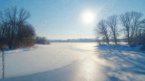 Drifting snow across a frozen lake, winter weather, cold and desolate