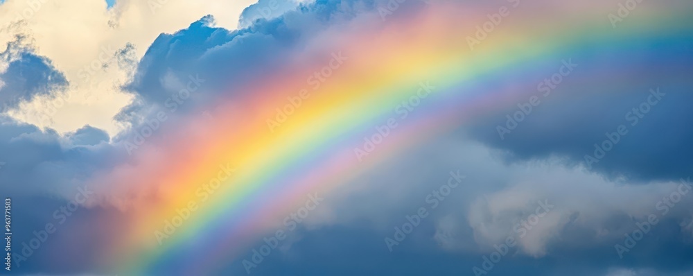Rainbow arching across a cloudy sky after a rainstorm, colorful weather phenomenon Rainbow arching across a cloudy sky after a rainstorm, colorful weather phenomenon