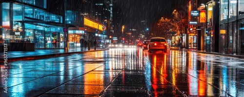 Light rain falling on a city street at night, wet weather, reflections on the pavement