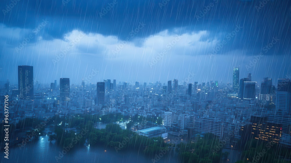 Fototapeta premium Sudden downpour soaking an urban landscape, wet weather, city in the rain