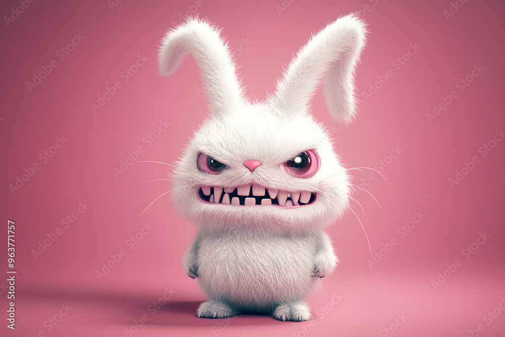 Fototapeta premium A cute, white, fluffy rabbit with pink eyes and sharp teeth looks angry with a pink background.