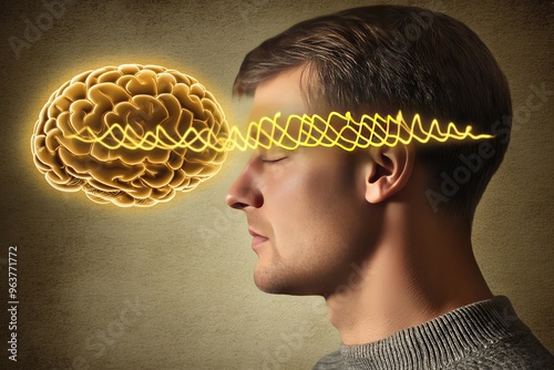 AI Brain Input Conceptual profile of a man with glowing yellow brainwaves symbolizing cognitive development mental clarity and the limitless potential of thoughts photo